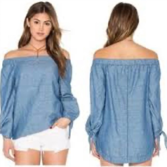 Free People Show Me Some Shoulder Chambray Blue Off Shoulder Top Size:M New NWOT - Picture 10 of 10
